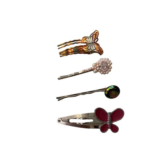 Unbranded Accessories - Set of 4 Vintage Hair Accessories Assorted Bobby Pink Snap Barrette Comb Butterf